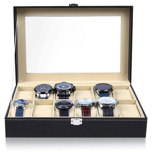 6/10/12 Grids Leather Watch Box Display Case Holder Black Storage Box Glass Jewelry Organizer for Men & Women Best Gift Box